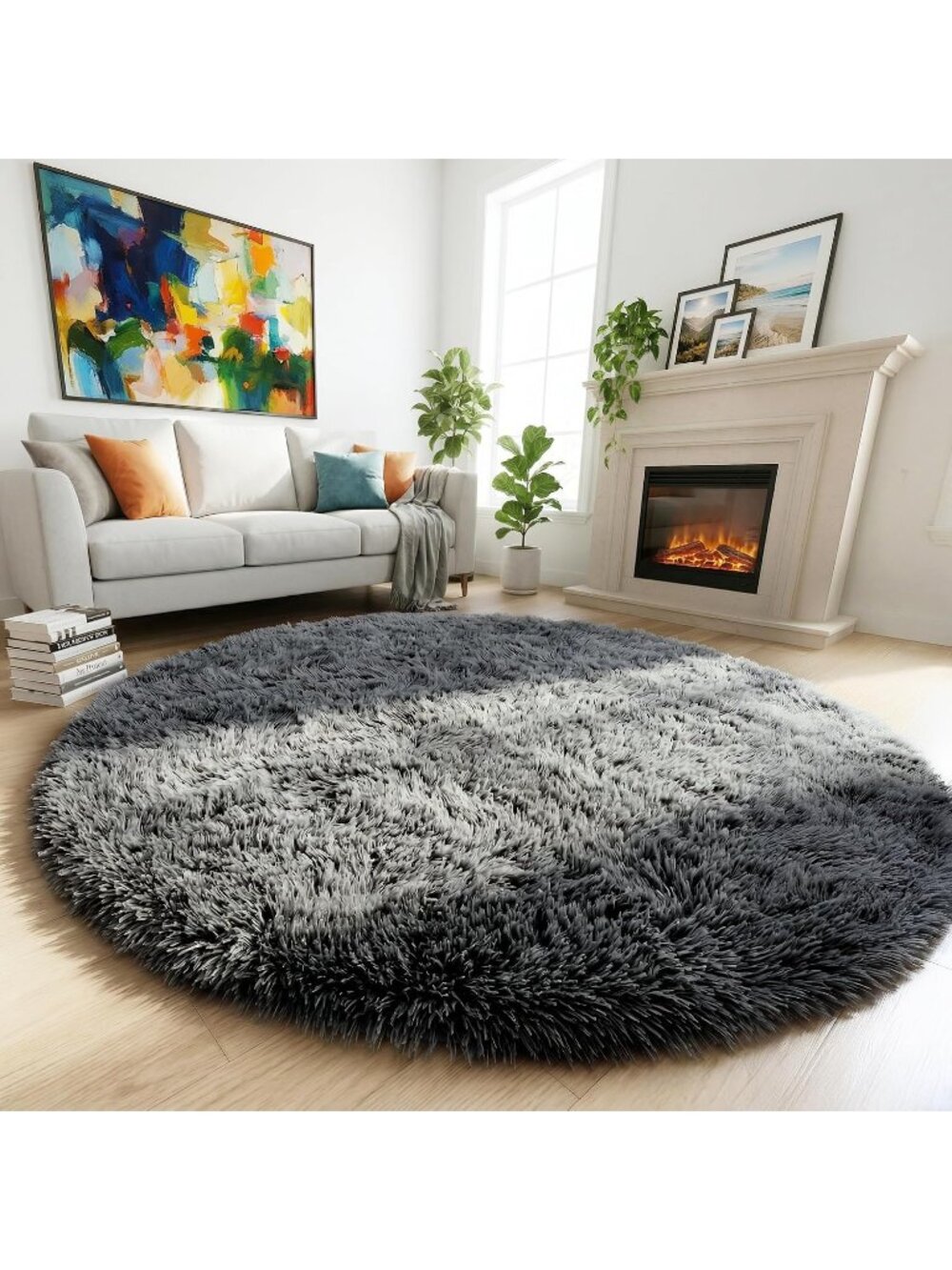 〽️Grey Fuzzy Round Rug 4Ft Bedroom Living Room Office Fluffy Shaggy Carpet